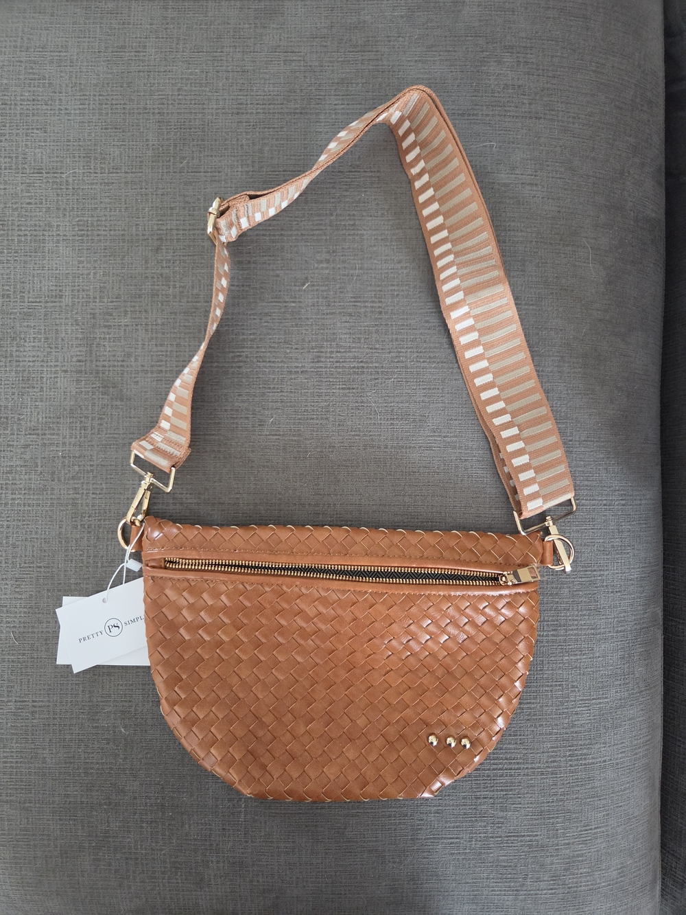 NWT - Pretty Simple Woven Crossbody Bag in Cognac Brown with Striped Strap